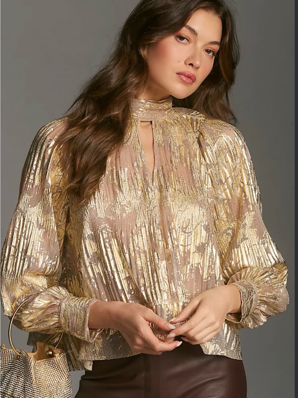 Maeve Gold Metallic High-Neck Pleated Puff-Sleeve Blouse